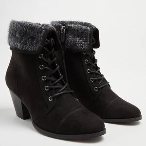 SWEATER HEEL BOOTIE - BLACK FAUX SUEDE in size 12 wide width